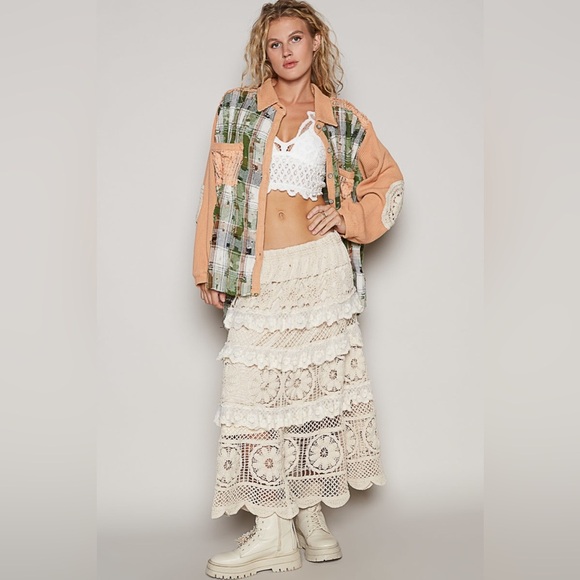 NWOT POL Multicolor Crochet Detailed Distressed Plaid Button Down Shacket - Picture 2 of 6